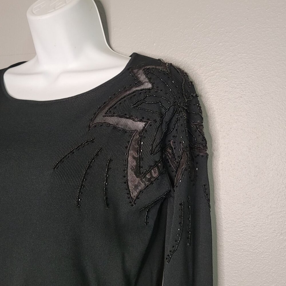 Vintage Fitted Ribbed Applique Beaded‎ Shoulder Detail 3/4 Sleeve Black sz L - Picture 2 of 7